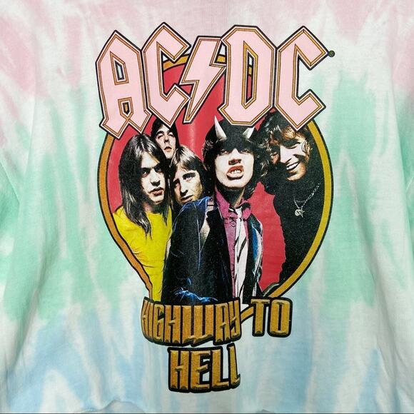 NWT AC/DC Graphic Band Crop Hoodie Tie Dye Festival Concert Boho Casual Size L - Picture 2 of 7
